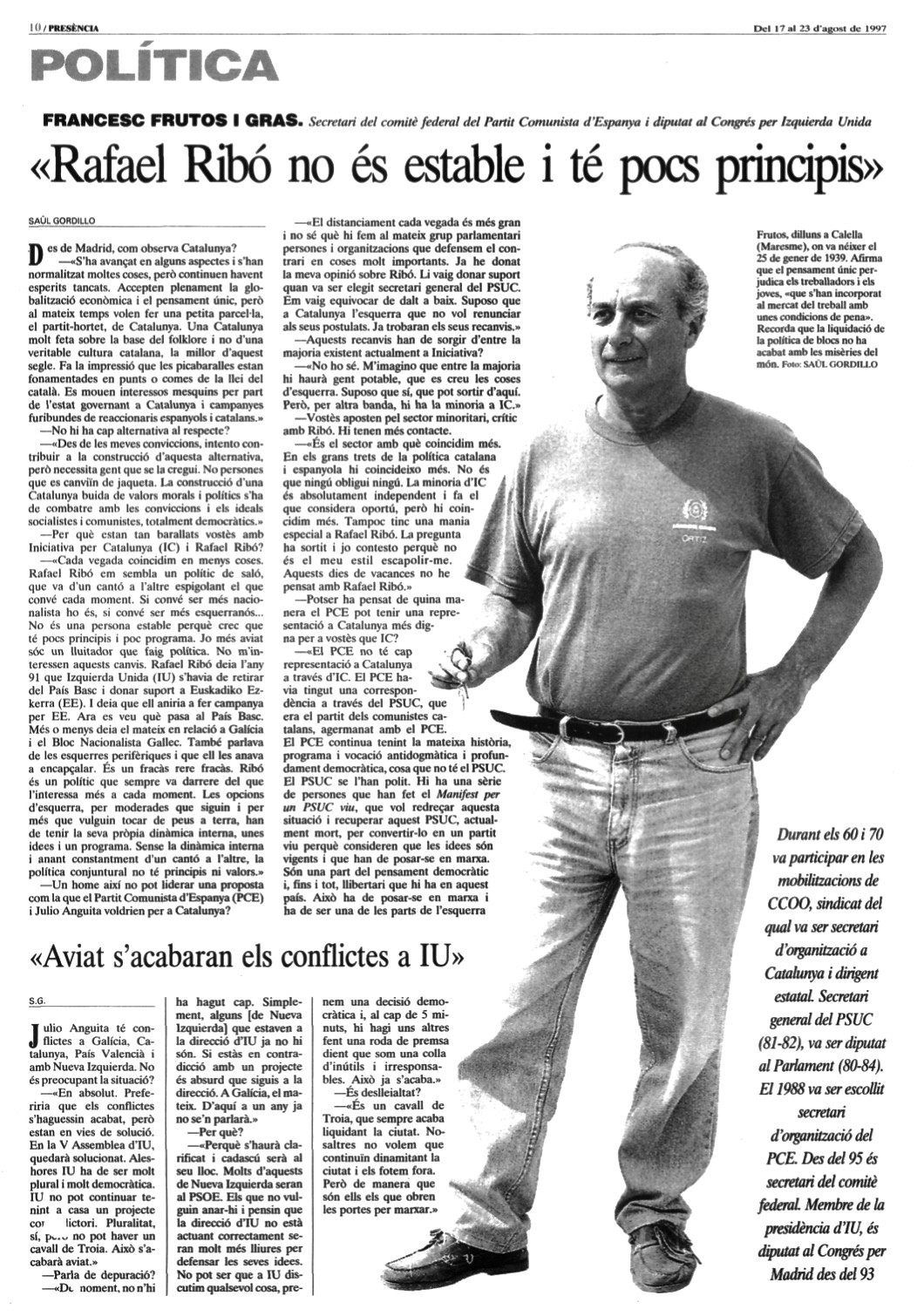 Presència, 17 d’agost de 1997 | Francesc Frutos: «Rafael Ribó no és estable i té pocs principis»