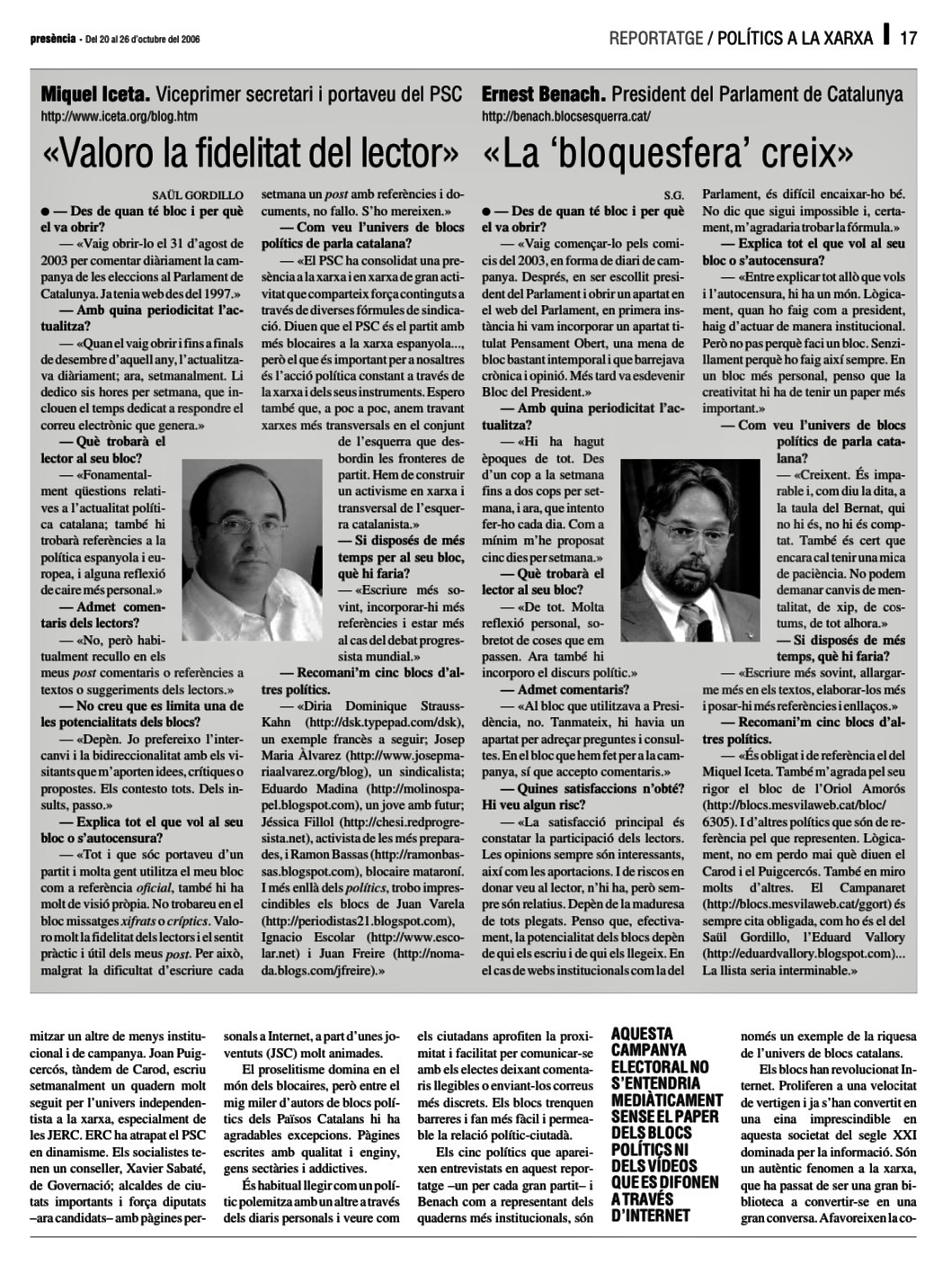 Presència, 20 d’octubre de 2006 | Ernest Benach: «La ‘bloquesfera’ creix»