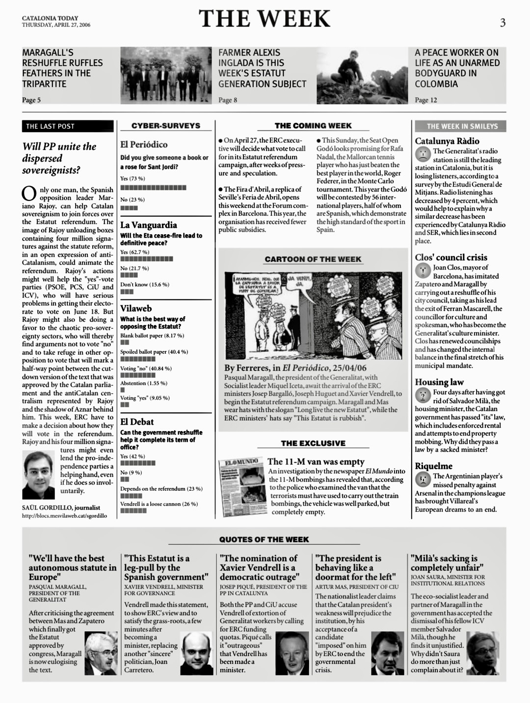 Catalonia Today, April 27, 2006 | Will PP unite the dispersed sovereignists?