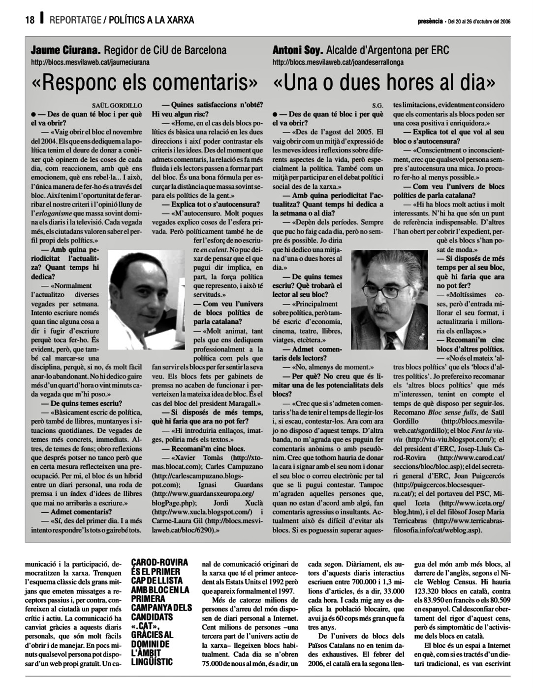 Presència, 20 d’octubre de 2006 | Jaume Ciurana: «Responc els comentaris»