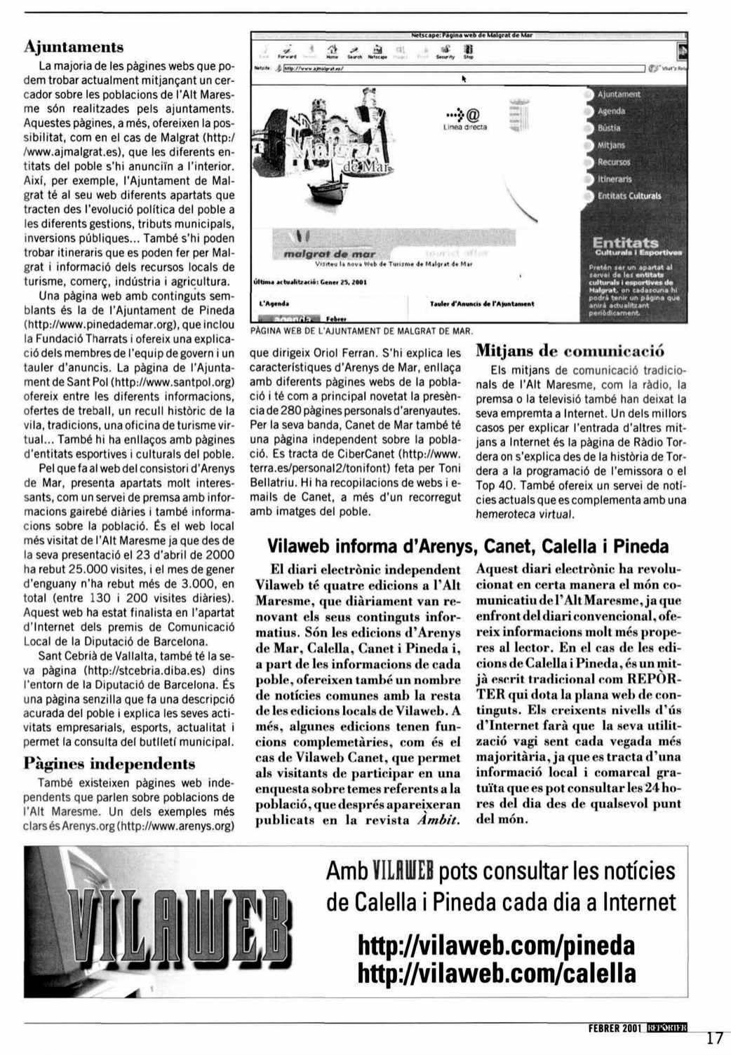 Repòrter, febrer de 2001 | Vilaweb informa d’Arenys, Canet, Calella i Pineda