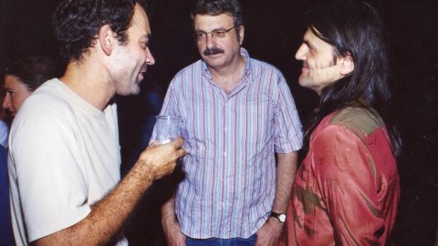 Joan Pujadas amb l'escriptor Toni Sala i l'artista i poeta Perejaume.