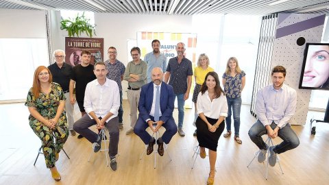 Presentació de la temporada 2021-2022 de Catalunya Ràdio a la Torre Glòries i del podcast 'La torre de vidre', amb el director de l'emissora, Saül Gordillo, i el director de continguts, Santi Faro. Barcelona. 27 d’agost de 2021 