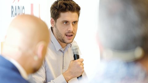 Presentació de la temporada 2021-2022 de Catalunya Ràdio a la Torre Glòries, amb el director de l'emissora, Saül Gordillo, i el director de continguts, Santi Faro. Barcelona. 27 d’agost de 2021 