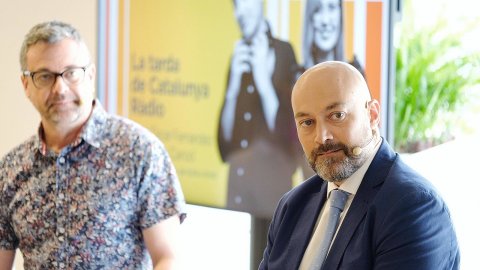 Presentació de la temporada 2021-2022 de Catalunya Ràdio a la Torre Glòries, amb el director de l'emissora, Saül Gordillo, i el director de continguts, Santi Faro. Barcelona. 27 d’agost de 2021 
