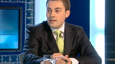 Saül Gordillo, periodista, impulsor del portal de blogs polítics en català Poliblocs i director de l'Agència Catalana de Notícies, intervé al debat del programa Àgora de TV3, presentat per Xavi Coral i titulat 'Eleccions amb ulls digitals', juntament amb els també periodistes Xavier Rius, director d'e-notícies, Jaume Reixach, editor d'El Triangle, i Jorge Valín, col·laborador de Libertad Digital. Sant Joan Despí. 11 de febrer de 2008 