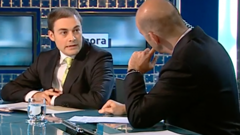 Saül Gordillo, periodista, impulsor del portal de blogs polítics en català Poliblocs i director de l'Agència Catalana de Notícies, intervé al debat del programa Àgora de TV3, presentat per Xavi Coral i titulat 'Eleccions amb ulls digitals', juntament amb els també periodistes Xavier Rius, director d'e-notícies, Jaume Reixach, editor d'El Triangle, i Jorge Valín, col·laborador de Libertad Digital. Sant Joan Despí. 11 de febrer de 2008 