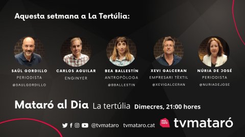 Debat d’actualitat Mataró al dia de Televisió Mataró amb Carlos Aguilar, Xevi Galceran, Bea Ballestín, Núria de José i Saül Gordillo, moderat per Francesc Andrés. Mataró. 20 de juliol de 2022