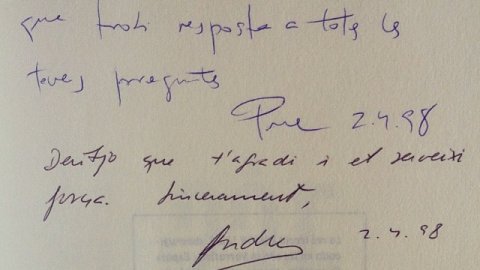 "Pel Saül, amb l'esperança que trobis reposta a totes les teves preguntes". Pere Cullell. "Desitjo que t'agradi i et serveixi força. Sincerament" Andreu Farràs. 02-04-98, Calella. 'El 23-F a Catalunya'