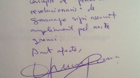 "Al Saül Gordillo, amb el desig que el concepte de 'periodistes revolucionaris' de Saramago sigui assumit àmpliament pel nostre gremi. Amb afecte". Francesc Ponsa, Barcelona, 27-05-09. 'De la ceguesa a la lucidesa. La literatura d'idees de José Saramago'