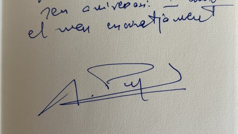 "A en Saül Gordillo, felicitats pel seu aniversari. I amb el meu encoratjament." Jordi Pujol. 01-04-14