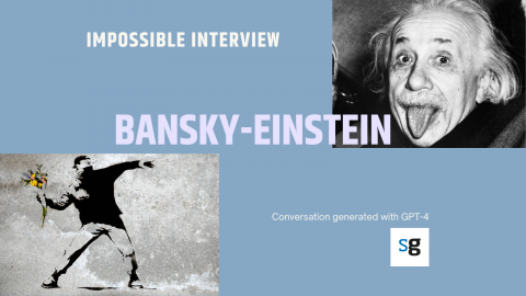Bansky i Albert Einstein. Entrevistes impossibles generades amb Chat GPT-4 i publicades a saul.cat. 
