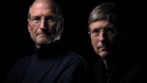 Bill Gates i Steve Jobs, en una imatge generada per Saül Gordillo amb Midjourney per a 'entrevistes impossibles'. Juny de 2023