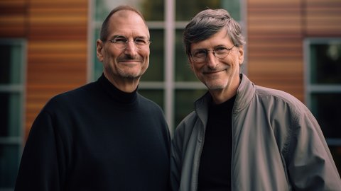 Bill Gates i Steve Jobs, en una imatge generada per Saül Gordillo amb Midjourney per a 'entrevistes impossibles'. Juny de 2023