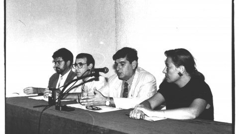 Presentació de la Fira de Calella a càrrec de Miquel Guillem, Francesc Arqués, Joaquim Rey i Carme Fernández. 1992. Foto: Saül Gordillo (El Punt)