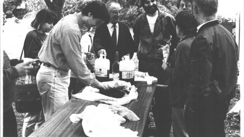 Festa reivindicativa de la castanyada al càmping La Granja de Calella, que s'acabaria urbanitzant, amb els regidors Joan Juhé (ICV) i Frederic Forest (ERC), entre d'altres. 1990. Foto: Saül Gordillo (El Punt)