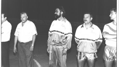 Laureano Florido, Félix Sánchez i Mateu Aspas, del CF Calella. 1991. Foto: Saül Gordillo (El Punt)