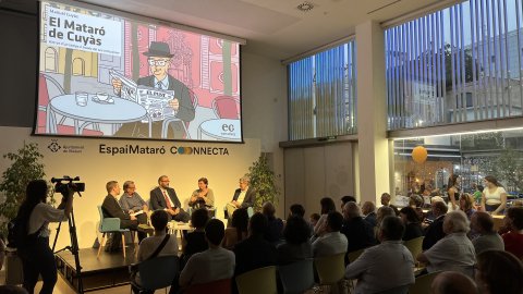 Presentació del llibre d’articles de Manuel Cuyàs ‘El Mataró de Cuyàs’ a Mataró Connecta, amb Joan Salicrú, Àngel Madrià, David Bote, Neus Pinart i Joan Catà. Mataró. 7 d’octubre de 2023
