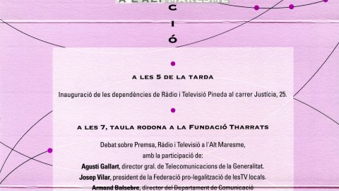 Inauguració de les dependències de Ràdio i Televisió Pineda al carrer Justícia 25 i posterior taula rodona a l'Ajuntament de Pineda. 17 d'abril de 1993