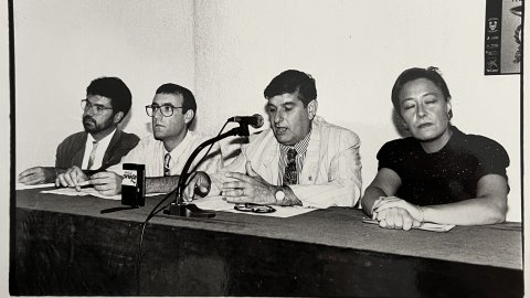 Presentació de la Fira de Calella a càrrec de Miquel Guillem, Francesc Arqués, Joaquim Rey i Carme Fernández. 1992. Foto: Saül Gordillo (El Punt) 