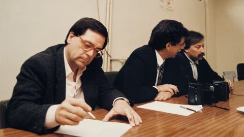 Joan Rangel, Josep Maria Sala i Josep Clofent, a la seu del PSC del Maresme. Mataró. Foto: Saül Gordillo (Repòrter)