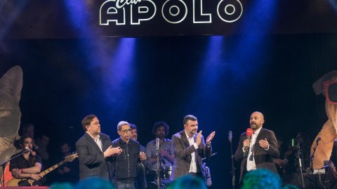 El vicepresident de la Generalitat, Oriol Junqueras, el conseller de Cultura, Santi Vila, i Saül Gordillo al Desconcert d'iCat.cat celebrant la tornada de l'emissora a l'FM. 8 de maig de 2017