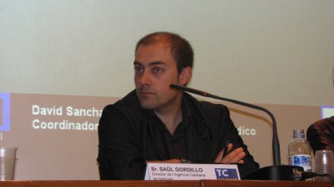 Xerrada sobre el model de l'Agència Catalana de Notícies (ACN) en la jornada Els Mitjans Digitals en Temps de Canvi, al Tecnocampus Mataró, amb Joan Majó, David Sancha (El Periódico) i Karma Peiró (3cat24.cat). 19 de març de 2009. Foto: Gemma Ustrell (ACN)