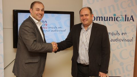 Presentació del servei de vídeos locutats de l'Agència Catalana de Notícies (ACN) a les quaranta televisions adherides a Comunicàlia. Acte amb el director de Comunicàlia, Joan Vila, i el director de l'ACN, Saül Gordillo. 23 de març de 2009. Foto: Diego Muñoz (Comunicàlia)
