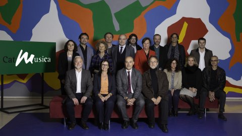 Presentació del 30è aniversari de Catalunya Música a CaixaFòrum, amb el director de Catalunya Ràdio, Saül Gordillo, Elisa Durán, directora general adjunta de la Fundació Bancària "la Caixa", Oleguer Sarsanedas, responsable de la posada en marxa de Catalunya Música el 1987, Jesús Rodríguez Picó, primer director de Catalunya Música, i Àlex Robles, director de Catalunya Música. 7 de novembre de 2016