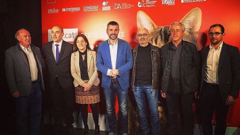 El conseller de Cultura, Santi Vila, a la festa dels 10 anys d'iCat, amb el director de Catalunya Ràdio, Saül Gordillo, el director de TV3, Jaume Peral, i la presidenta en funcions de la CCMA, Núria Llorach, a la Sala Apolo de Barcelona. 28 d'abril de 2016