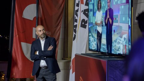 Presentació de la nova temporada de Catalunya Ràdio i TV3 als anunciants, amb els directors de Catalunya Ràdio, Saül Gordillo; de TV3, Vicent Sanchis; i de Comercial i Màrqueting, Martí Patxot. Hotel Iberostar Barcelona Center. 27 de setembre de 2018. Foto: Adrià Nebot