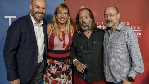 Presentació de la nova temporada de Catalunya Ràdio i TV3 als anunciants, amb els directors de Catalunya Ràdio, Saül Gordillo; de TV3, Vicent Sanchis; i de Comercial i Màrqueting, Martí Patxot. A la fotografia, amb Xantal Llavina, Jordi Pi i Ricard Castellet, del programa 'Revolució 4.0'. Hotel Iberostar Barcelona Center. 27 de setembre de 2018. Foto: Adrià Nebot 