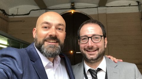 Programa especial 'El matí de Catalunya Ràdio' des de la presó Model de Barcelona amb motiu del seu tancament. El director de Catalunya Ràdio, Saül Gordillo, amb el director de comunicació del Departament de Justícia, Oriol Burgada. Barcelona. 7 de juny de 2017