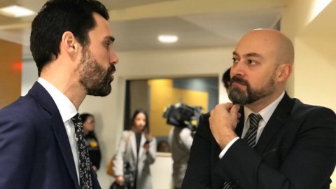 El president del Parlament de Catalunya, Roger Torrent, rebut a l'emissora pel director de Catalunya Ràdio, Saül Gordillo, l'endemà de la seva elecció. Barcelona. 18 de gener de 2018