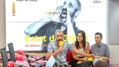 Roger de Gràcia, Maria Rovira i Juanjo Sáez, d'Estat de Gràcia, en la presentació de la temporada 2019-2020 de l'emissora i inauguració del nou estudi 2, l'estudi d'iCat. Barcelona. 29 d'agost de 2019