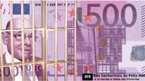 Fèlix Millet entra a la presó i les reixes apareixen en el fotomuntatge del bitllet de 500 euros. Promoció d'Ara Llibres de Les barbaritats de Fèlix Millet, llibre de Saül Gordillo. 18 de juny de 2010