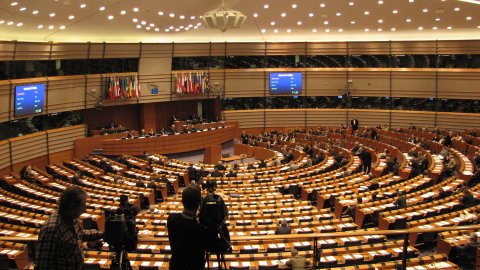 Cambra del Parlament Europeu, des de la tribuna de premsa, durant la intervenció del primer ministre portuguès, el socialista José Sócrates. Brussel·les. 18 de desembre de 2007