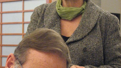 Eurodiputats socialistes catalans Raimon Obiols i Maria Badia, després del dinar al Parlament Europeu. Brussel·les. 18 de desembre de 2007