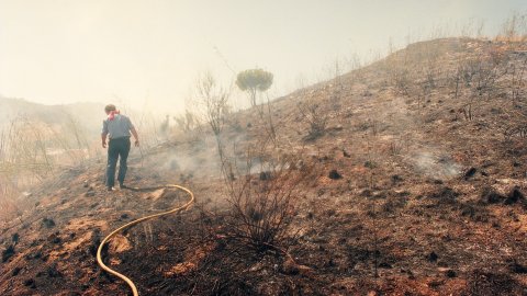 Incendi forestal a Calella l'estiu de 1994. Extinció a càrrec dels bombers del parc de Pineda de Mar, de l'Alt Maresme, amb suport aeri d'helicòpters i per terra d'agents forestals. Parc Natural del Montnegre-Corredor. Calella