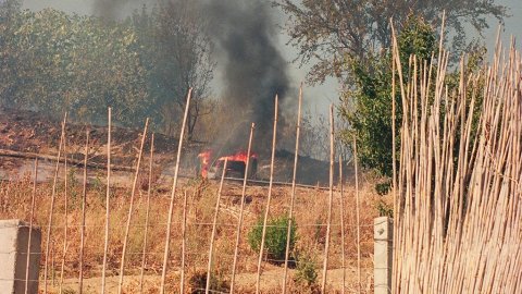 Incendi forestal a Calella l'estiu de 1994. Extinció a càrrec dels bombers del parc de Pineda de Mar, de l'Alt Maresme, amb suport aeri d'helicòpters i per terra d'agents forestals. Parc Natural del Montnegre-Corredor. Calella