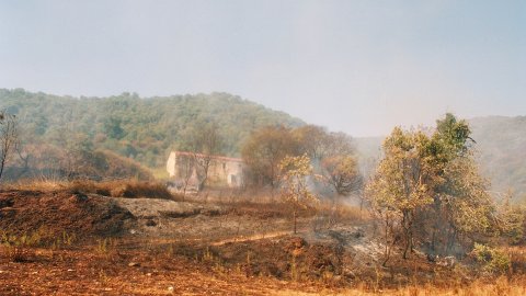 Incendi forestal a Calella l'estiu de 1994. Extinció a càrrec dels bombers del parc de Pineda de Mar, de l'Alt Maresme, amb suport aeri d'helicòpters i per terra d'agents forestals. Parc Natural del Montnegre-Corredor. Calella