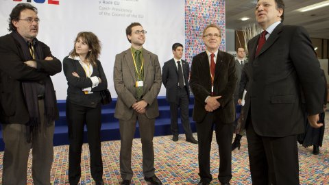 Trobada de periodistes catalans amb el president de la Comissió Europea, José Manuel Durao Barroso, posterior a la roda de premsa sobre Cinc Anys d'una UE Ampliada. Palau de Congressos. Praga. 2 de març de 2009 