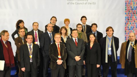 Trobada de periodistes catalans amb el president de la Comissió Europea, José Manuel Durao Barroso, posterior a la roda de premsa sobre Cinc Anys d'una UE Ampliada. Palau de Congressos. Praga. 2 de març de 2009 