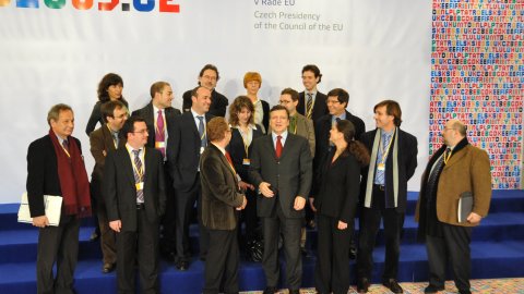 Trobada de periodistes catalans amb el president de la Comissió Europea, José Manuel Durao Barroso, posterior a la roda de premsa sobre Cinc Anys d'una UE Ampliada. Palau de Congressos. Praga. 2 de març de 2009 