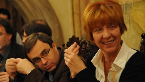Toni Cañís, de TV3. Eva Peruga, d'El Periódico de Catalunya. Dinar al restaurant U Prince. Praga. 2 de març de 2009