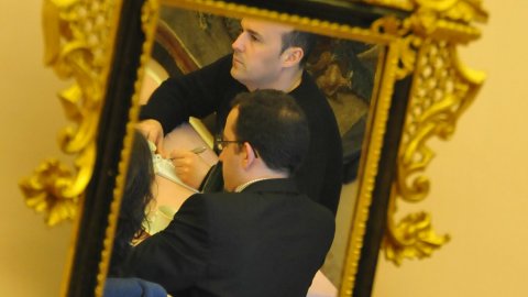 Rafa Lara, de Televisió Espanyola, i Santi Gonzàlez, de l'Avui. Reunió de periodistes catalans al Ministeri d'Afers Exteriors de Txèquia, al Palau Czernin. 3 de març de 2009