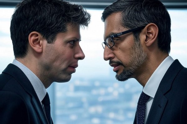 Sam Altman i Sundar Pichai, en una imatge generada amb Grok 2 per Saül Gordillo.