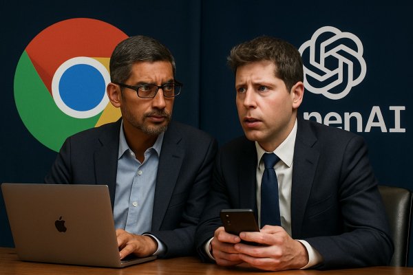 Sundari Pichai (Google) i Sam Altman (OpenAI), en una imatge generada amb ChatGPT per Saül Gordillo.