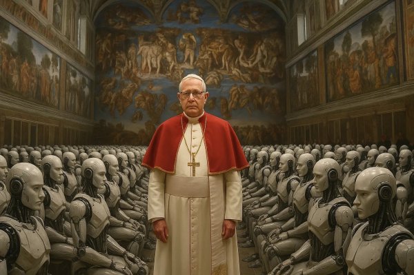 El papa Lleó XIV a la Capilla Sixtina envoltat de robots, en una imatge generada amb ChatGPT per Saül Gordillo.