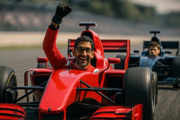 Sundar Pichai avança a Sam Altman, en una imatge generada amb ChatGPT per Saül Gordillo.